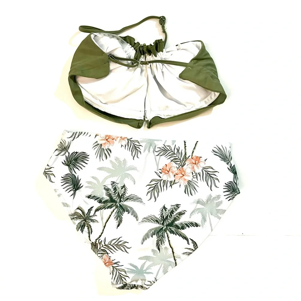 SHEIN Girls Tropical Print High Waisted Bikini Set Green Size 14 NWT